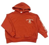 Červená oversize mikina se sluníčkem a nápisy a kapsou a kapucí ZARA