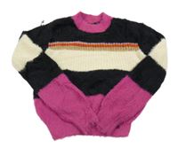 Černo-smetanovo-tmavorůžový chlupatý svetr JM