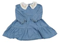 Světlemodré riflové šaty s bílým límečkem s kytičkami Nutmeg