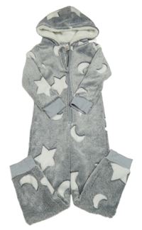 Šedo-bílá plyšová kombinéza s hvězdičkami a měsíci a kapucí Peacocks