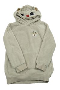 Světlešedobéžová plyšová dlouhá mikina se sobem a kapsou a kapucí H&M