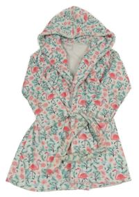 Bílý plyšový župan s plameňáky a větvičkami a kapucí 