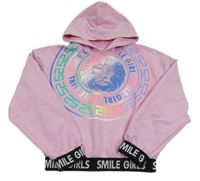 Světlerůžovo-černá crop mikina se lvem s kamínky a nápisy a kapucí