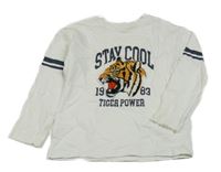 Bílé triko s tygrem a nápisy a pruhy KIABI