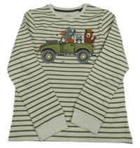 Bílo-khaki pruhované žebrované mikinotriko s jeepem a zvířátky C&A