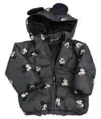 Tmavošedá melírovaná prošívaná šusťáková zimní bunda s Mickey a odepínací kapucí H&M
