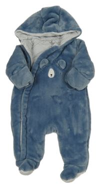 Modrá plyšová zateplená kombinéza s medvídkem a kapucí Mothercare