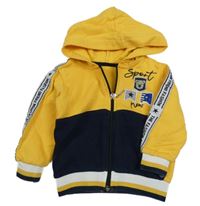 Tmavomodro/žlutá propínací mikina s nášivkami a pruhem a nápisy a kapucí 
