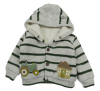 Světlešedo-khaki pruhovaný propínací zateplený svetr s traktorem a domečkem a kapucí s oušky Nutmeg