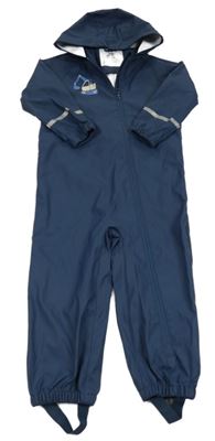 Tmavomodrá nepromokavá kombinéza s buldozerem a kapucí lupilu