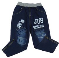 Tmavomodro-šedé tepláky riflového vzhledu s nápisy 