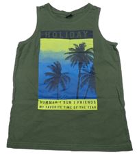Khaki tílko s palmami a nápisy Y.F.K.