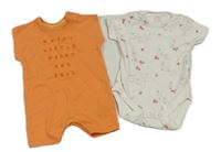 2set - Oranžový bavlněný kraťasový overal s nápisem + bílé květované body s králíky