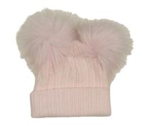 Růžová žebrovaná pletená čepice s bambulemi