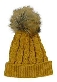 Okrová pletená čepice s bambulí