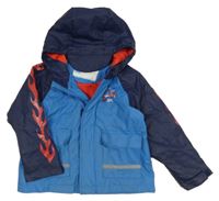 Modro-tmavomodrá nepromokavá jarní bunda s hasičským autem a kapucí X-Mail