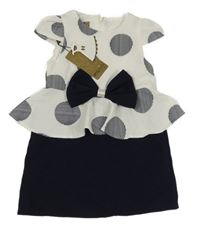 Nové - Bílo-tmavomodré šaty s puntíky a mašlí