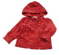 Červená puntíkatá sametová propínací mikina s kapucí