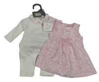 Nové - 2 set - bílý overal s límečkem + světlerůžové sametové vzorované šaty 