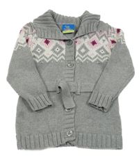 Šedo-růžový vzorovaný propínací dlouhý svetr s páskem Topolino