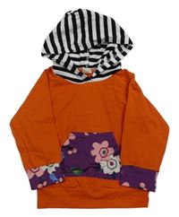 Oranžová lehká mikina s fialovou květovanou kapsou a kapucí 