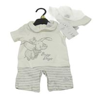 Nové - 2 set - bílo-šedý kraťasový overal s Dumbem + bavlněný klobouk Disney