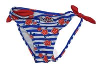 Modro-bílo-červené pruhované plavkové kalhotky s kvítky a nápisem 
