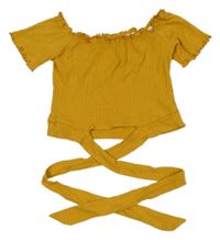 Okrové žebrované crop tričko s vázačkou 