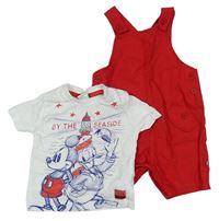 2set - Bílé tričko s Mickeym a Donaldem + červené plátěné laclové kraťasy