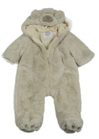 Béžová kožešinová podšitá kombinéza s kapucí - medvídek zn. F&F
