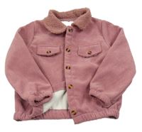 Růžová žebrovaná sametová zateplená košilová bunda s huňatým límcem