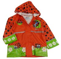 Červeno-zeleno-černá voděodolná jarní bunda s puntíky a beruškami a kapucí 