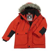 Červeno-černá šusťáková zimní bunda s kapucí s kožešinou Next