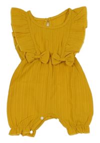 Hořčicový kraťasový overal s mašlemi a volánky 