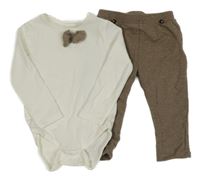 2set - Bílé body s motýlkem + hnědé vzorované tepláky S. Oliver