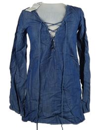 Nové - Dámská tmavomodrá halenková tunika riflového vzhledu se šněrováním Zara 