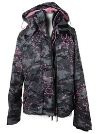 Dámská šedo-růžová vzorovaná šusťáková lyžařská bunda s kapucí Superdry
