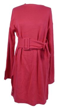 Dámské fuchsiové svetrové šaty s páskem 