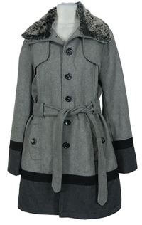 Dámský šedo-tmavošedý vlněný kabát s páskem a kožíškem C&A