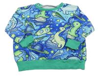 Modro-zelené triko s dinosaury a planetami