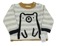 Nové - Šedo-bílý pruhovaný svetr s medvědem Nutmeg