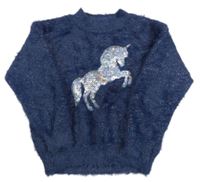 Tmavomodrý třpytivý chlupatý svetr s jednorožcem C&A