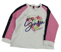 Černo-růžovo-bílé mikinotriko s nápisem a kytičkami 