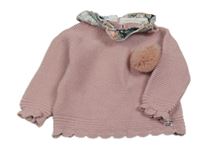 Růžový svetr s bambulí a volánkem 