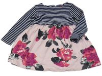 Tmavomodro-růžovo-bílé pruhované šaty s květovanou sukní Joules