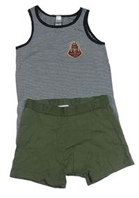 2set - Pruhovaný nátělník s potiskem + khaki trenýrky 