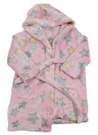 Růžový hvězdičkovaný chlupatý župan s páskem 