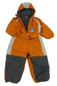Oranžovo-šedo-béžová šusťáková zimní kombinéza s páskem a kapucí 