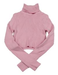 Světlerůžový žebrovaný crop svetr s rolákem 