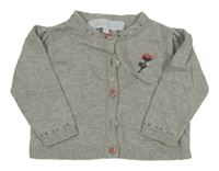 Šedý propínací kašmírový svetr s kytičkou 